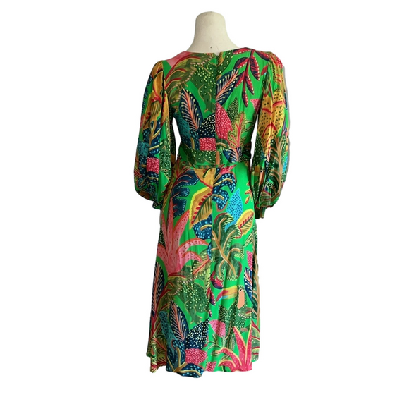 Farm Rio Forest Dream V Neck Midi Tropical Print Green Slit Dress. Size XS. - Picture 7 of 9